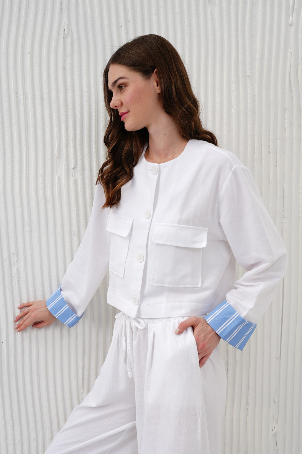 Women Linen Shirt Double Pocket