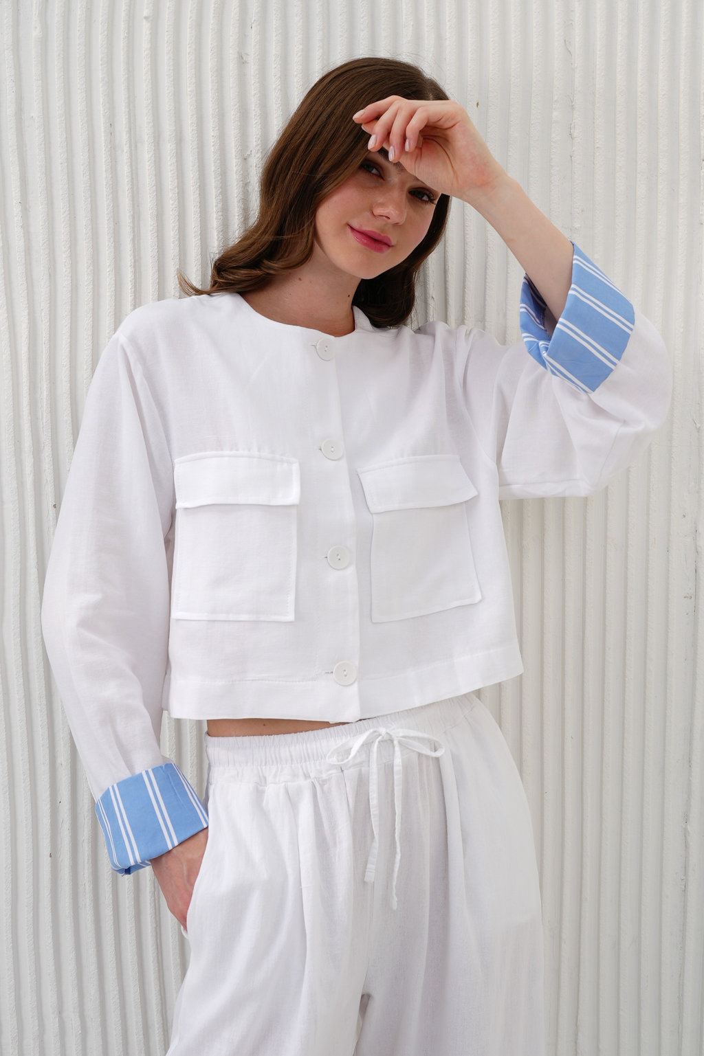 Women Linen Shirt Double Pocket