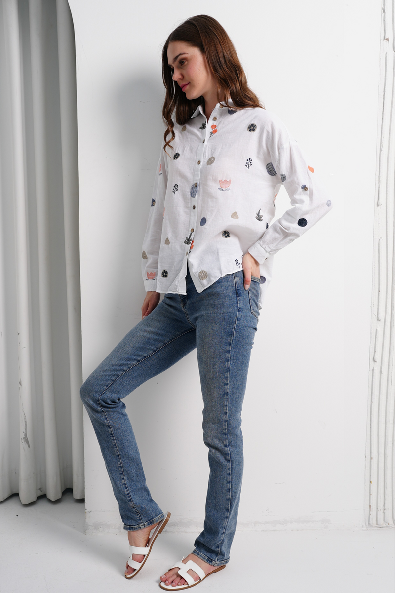 Women Linen Shirt Embroided