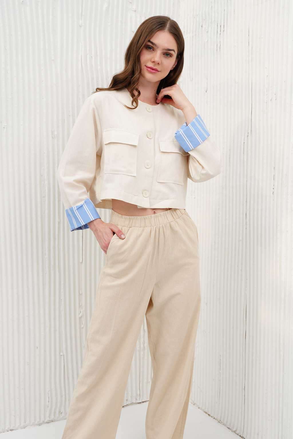 Women Linen Shirt Double Pocket